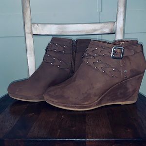 Faux Suede Brown Studded Wedge Booties